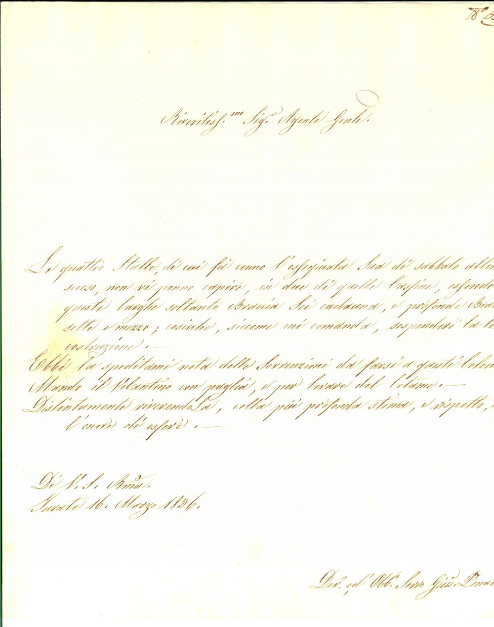 Documento originale, autentico 1836 TURATE CO Giuseppe PENATI sospende costruzione di una stalla Lettera 1