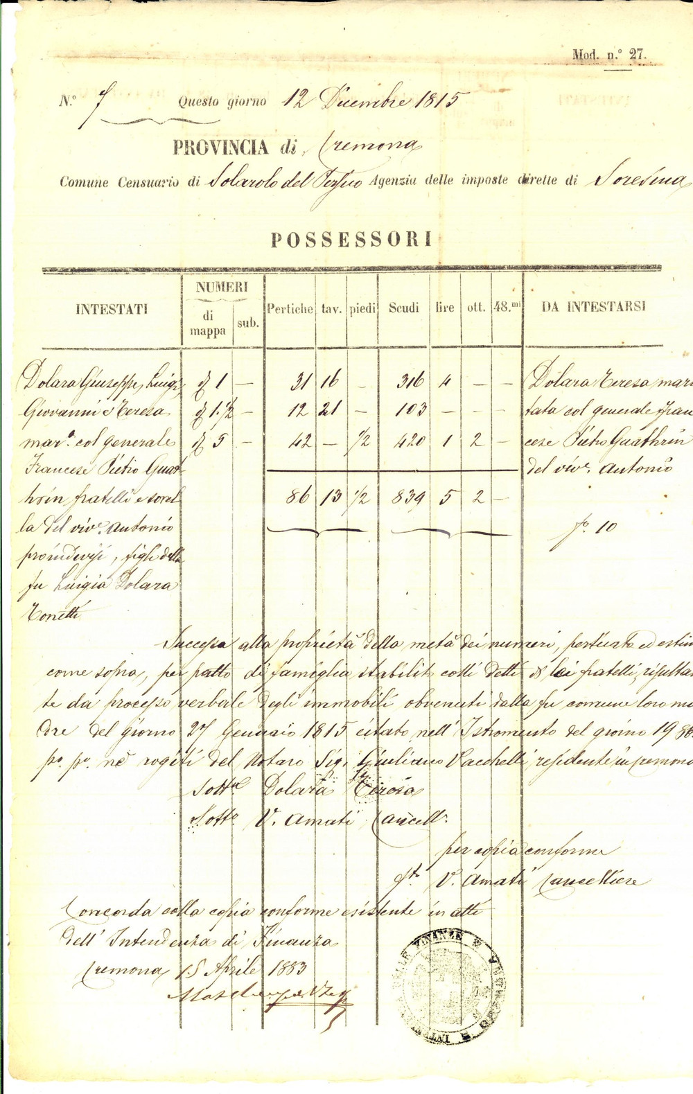 Documento originale, autentico 1815 SOLAROLO DEL PERSICO (CR) Possedimenti Teresa DOLARA e fratelli Manoscritto 1