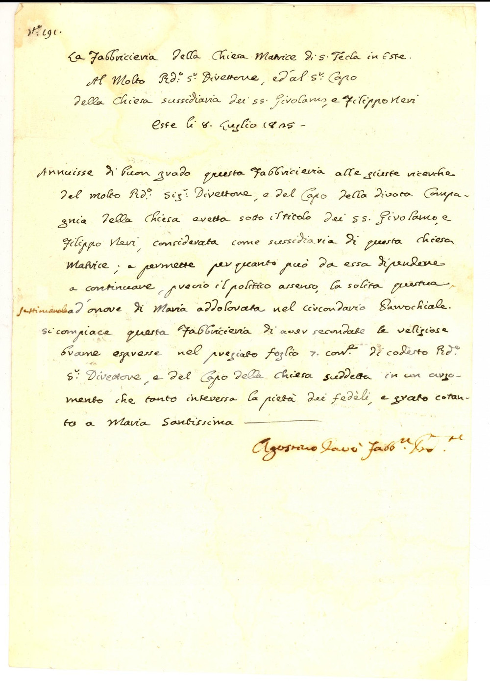 Documento originale, autentico 1825 ESTE (PD) Questua Confraternita SS. GEROLAMO E FILIPPO NERI pro SANTA TECLA 1