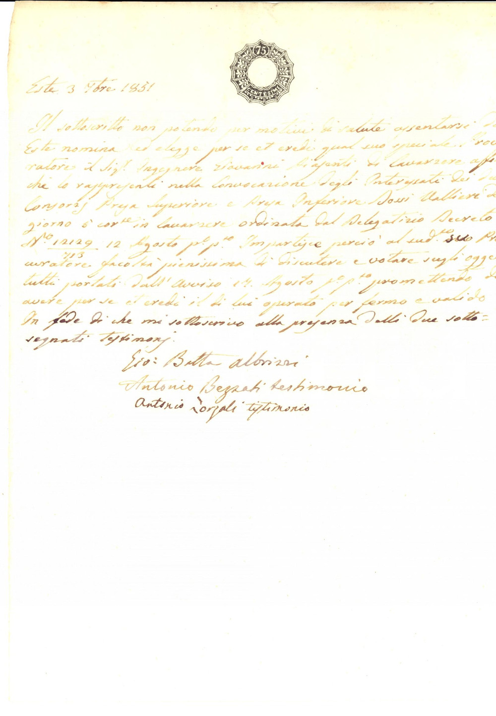 Documento originale, autentico 1851 ESTE (PD) Procura Giovanni Battista ALBRIZZI all'ing. Giovanni PIASENTI 1