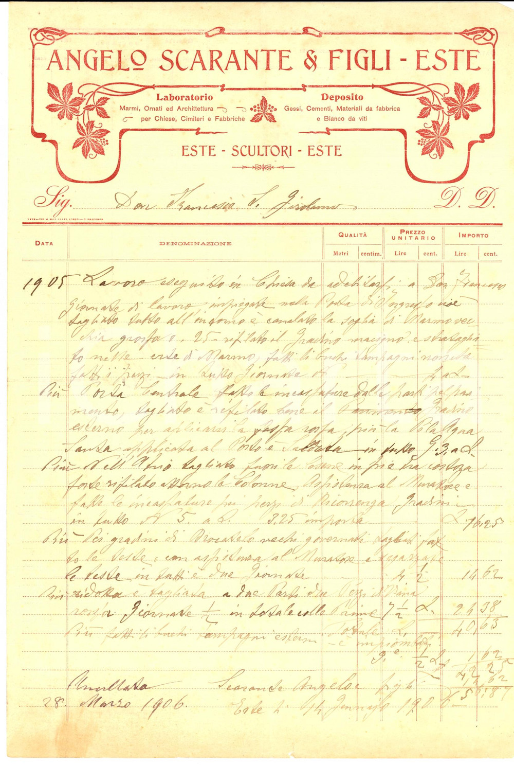 Documento originale, autentico 1905 ESTE (PD) Angelo SCARANTE & Figli Scultori - Lavori chiesa parrocchiale 1