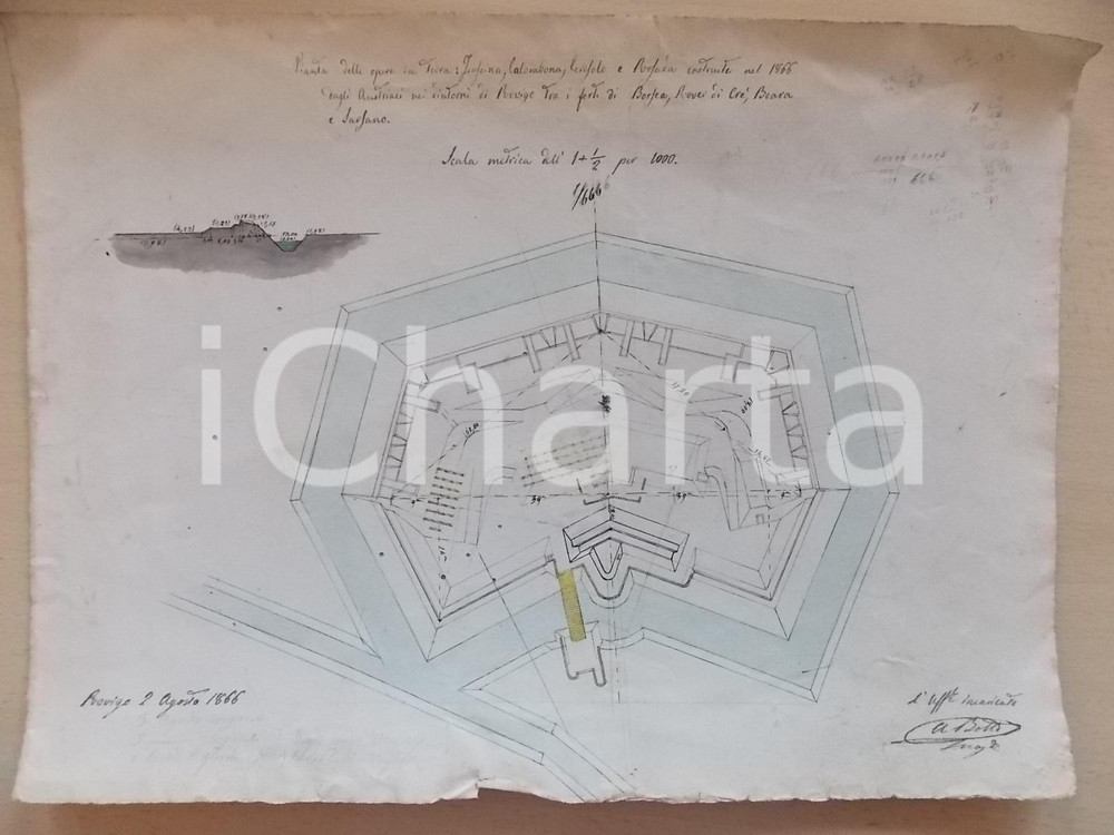 Stampa, bozzetto originale 1866 RISORGIMENTO ROVIGO Fortificazioni austriache tra BORSEA e BOARA *RARISSIMA 1