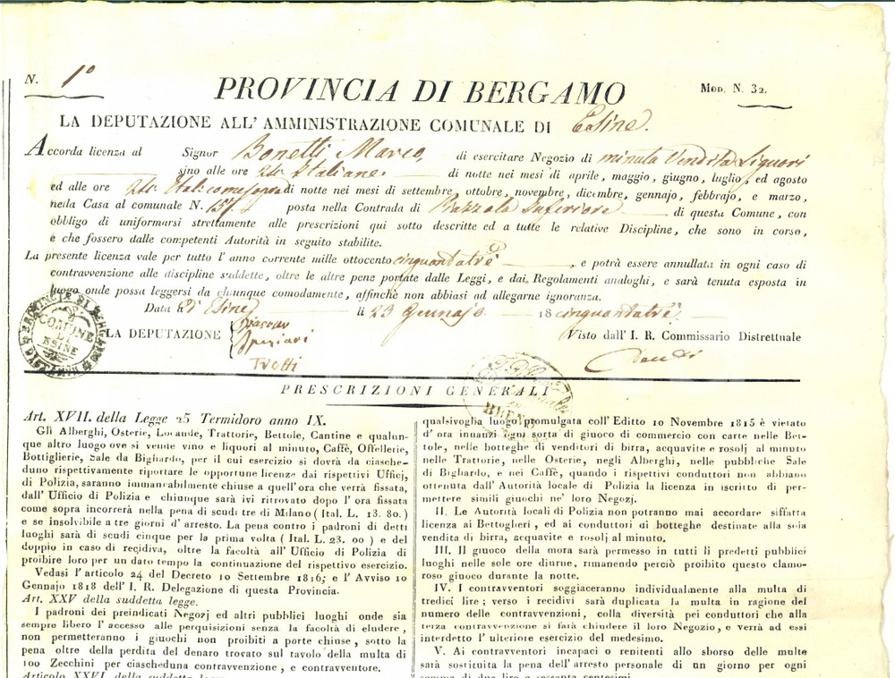 Documento originale, autentico 1838 ESINE BS Licenza a Marco BONETTI per vendita di liquori 1