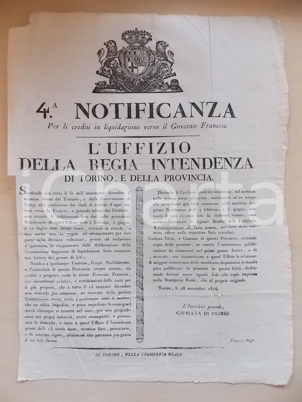 Documento originale, autentico 1816 RESTAURAZIONE TORINO Sui crediti verso il Governo Francese *Manifesto 1