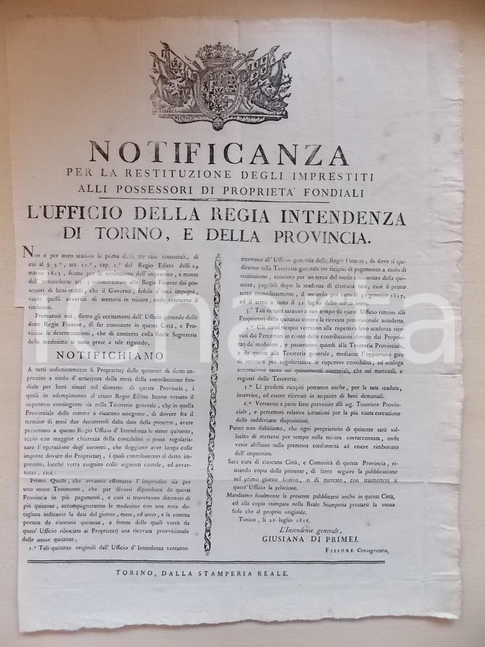 Documento originale, autentico 1816 TORINO Restituzione degli imprestiti per proprietÃ  fondiali *Manifesto 1