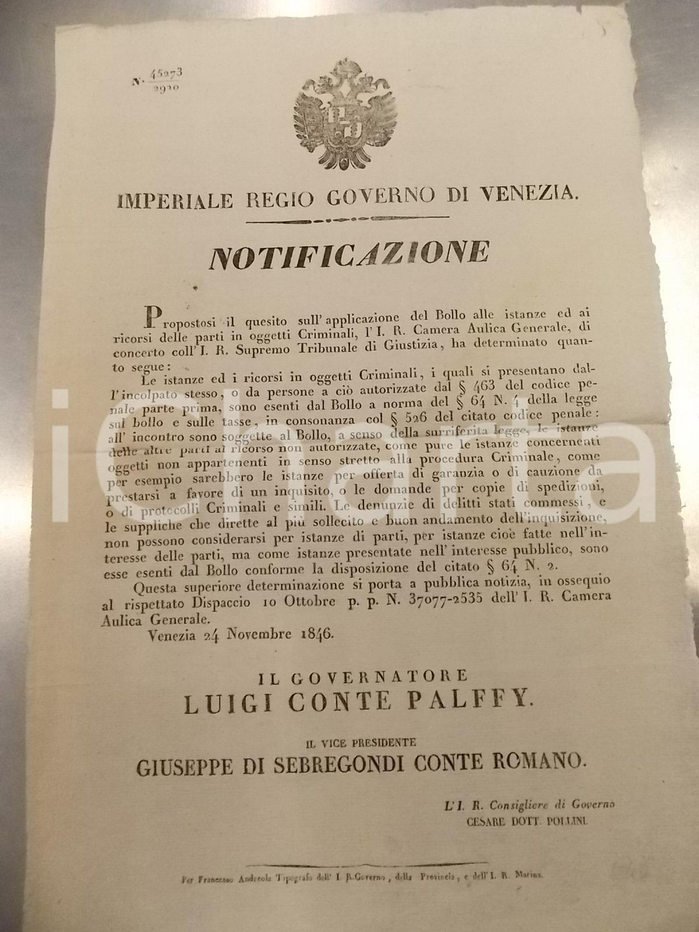 Documento originale, autentico 1846 VENEZIA Esenzione dal bollo per istanza in oggetti criminali *Manifesto 1