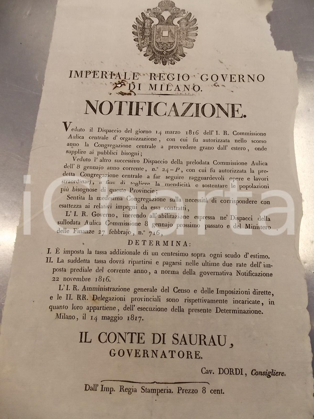 Documento originale, autentico 1817 IMPERIALE REGIO GOVERNO DI MILANO Nuova addizionale sull'estimo *Manifesto 1