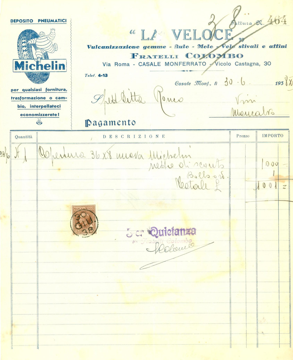 Documento originale, autentico 1938 CASALE MONFERRATO AL Fratelli COLOMBO La Veloce Vulcanizzazione MICHELIN 1