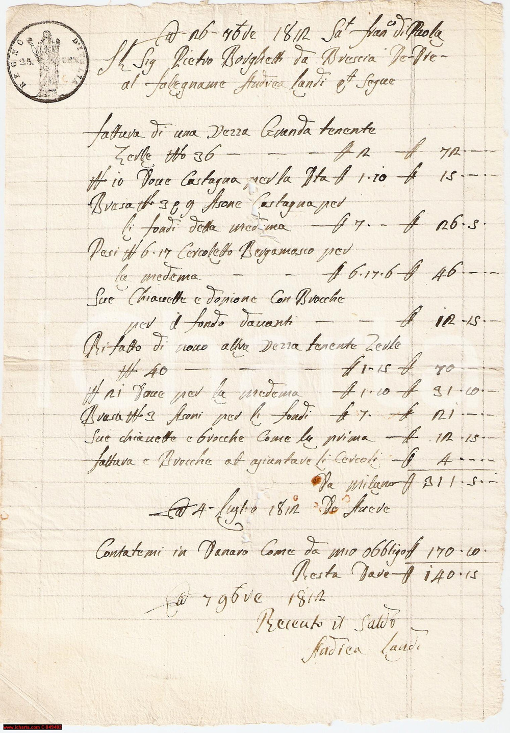 Documento originale, autentico 1812 BRESCIA conto falegname stabili BORGHETTI 1