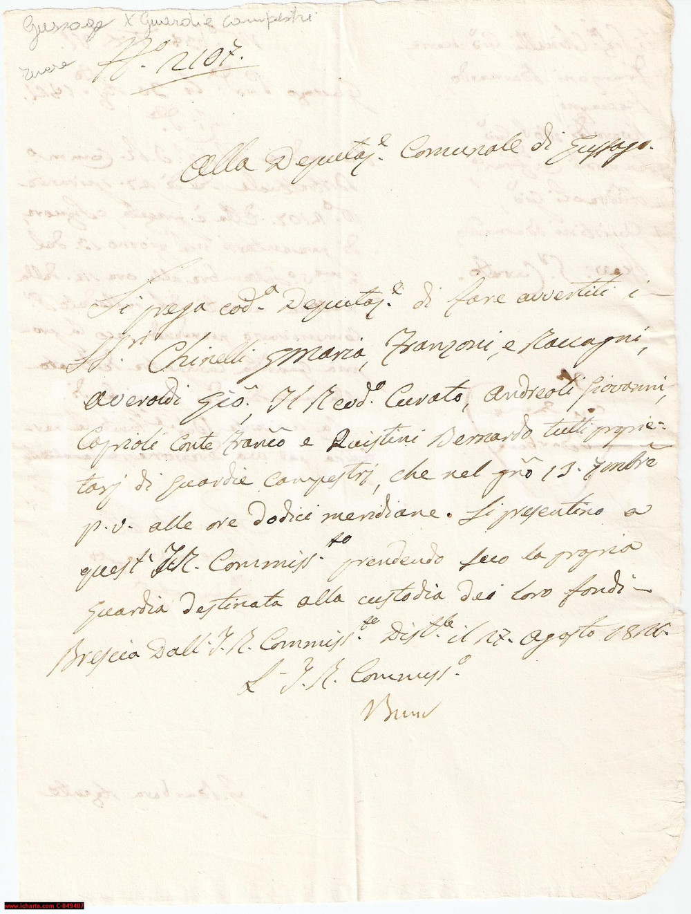 Documento originale, autentico 1821 GUSSAGO (BS) Adunata generale Guardie campestri 1