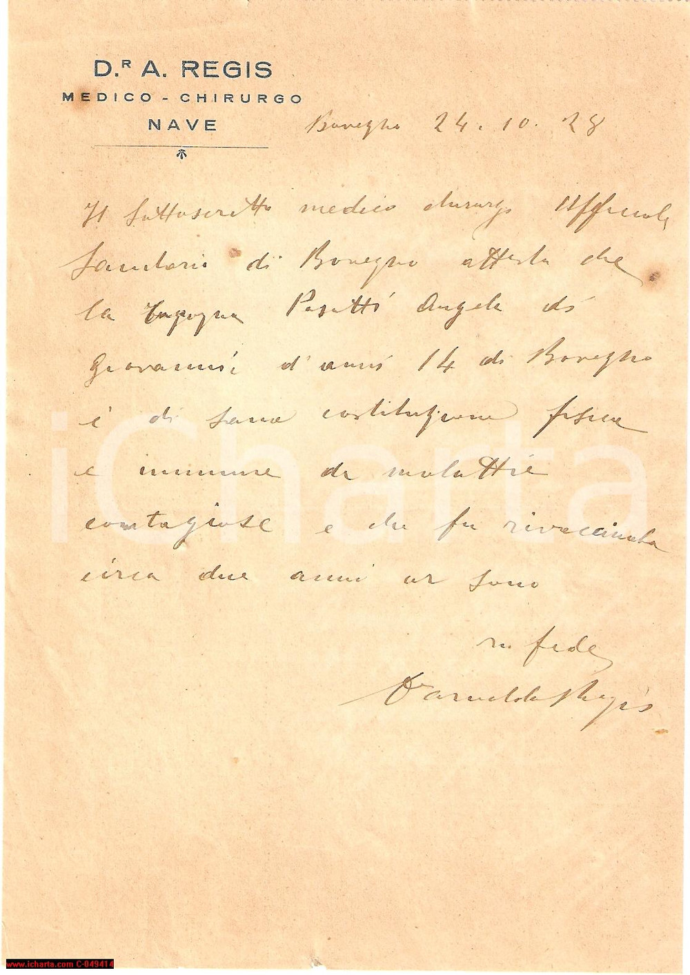 Documento originale, autentico 1928 NAVE BRESCIA Dottor Regis Certificato sana costituzione 1