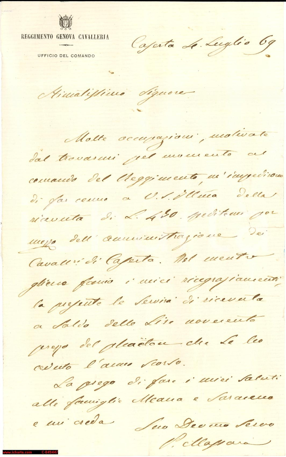 Manoscritto, lettera originale 1869 CASERTA Comandante MASSARO Regg. GENOVA Cavalleria 1