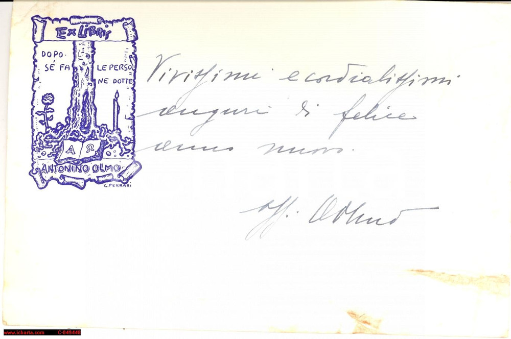 Autografo originale 1940 ? ca SAVIGLIANO Antonino OLMO Ex libris e Autografo 1