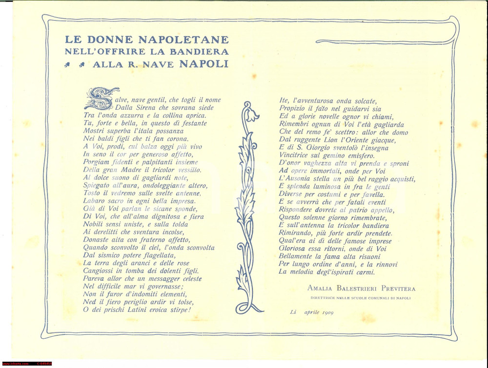 Documento originale, autentico 1909 NAPOLI Donne offrono la bandiera alla R. N. NAPOLI 1