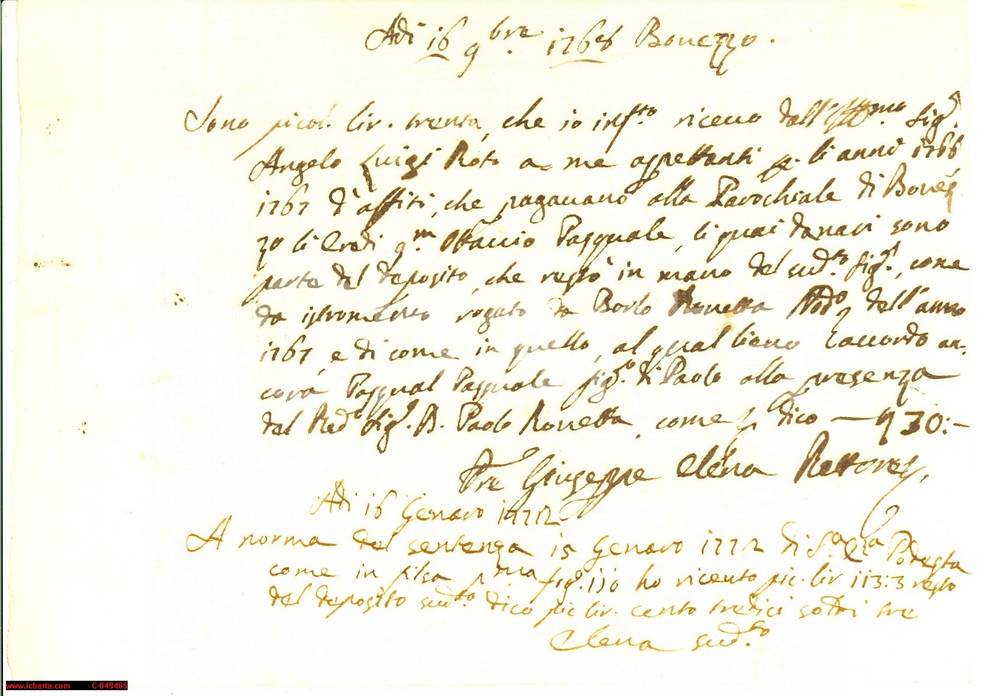Documento originale, autentico 1768 BOVEZZO (BS) Affitti eredi di Ottavio PASQUALE 1