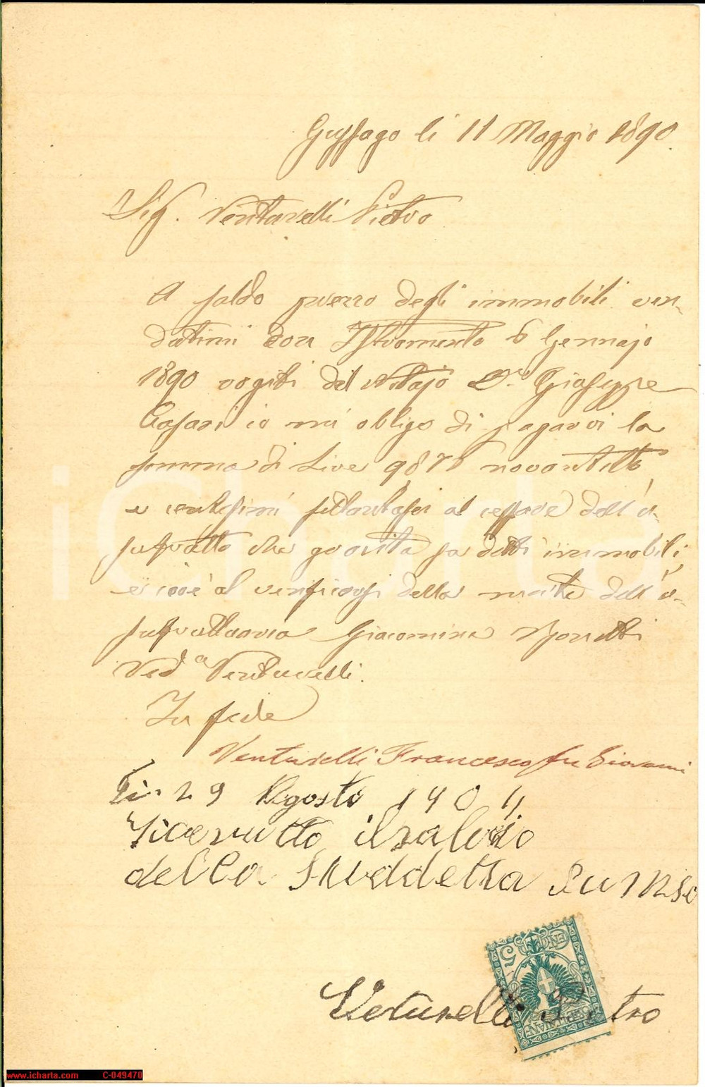 Documento originale, autentico 1890 GUSSAGO (BS) Francesco VENTURELLI acquista casa 1