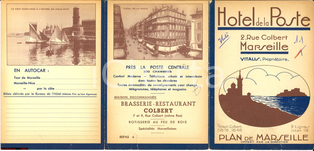 Materiale pubblicitario d’epoca 1930 MARSEILLE (F) Hotel de la POSTE Brasserie COLBERT 1