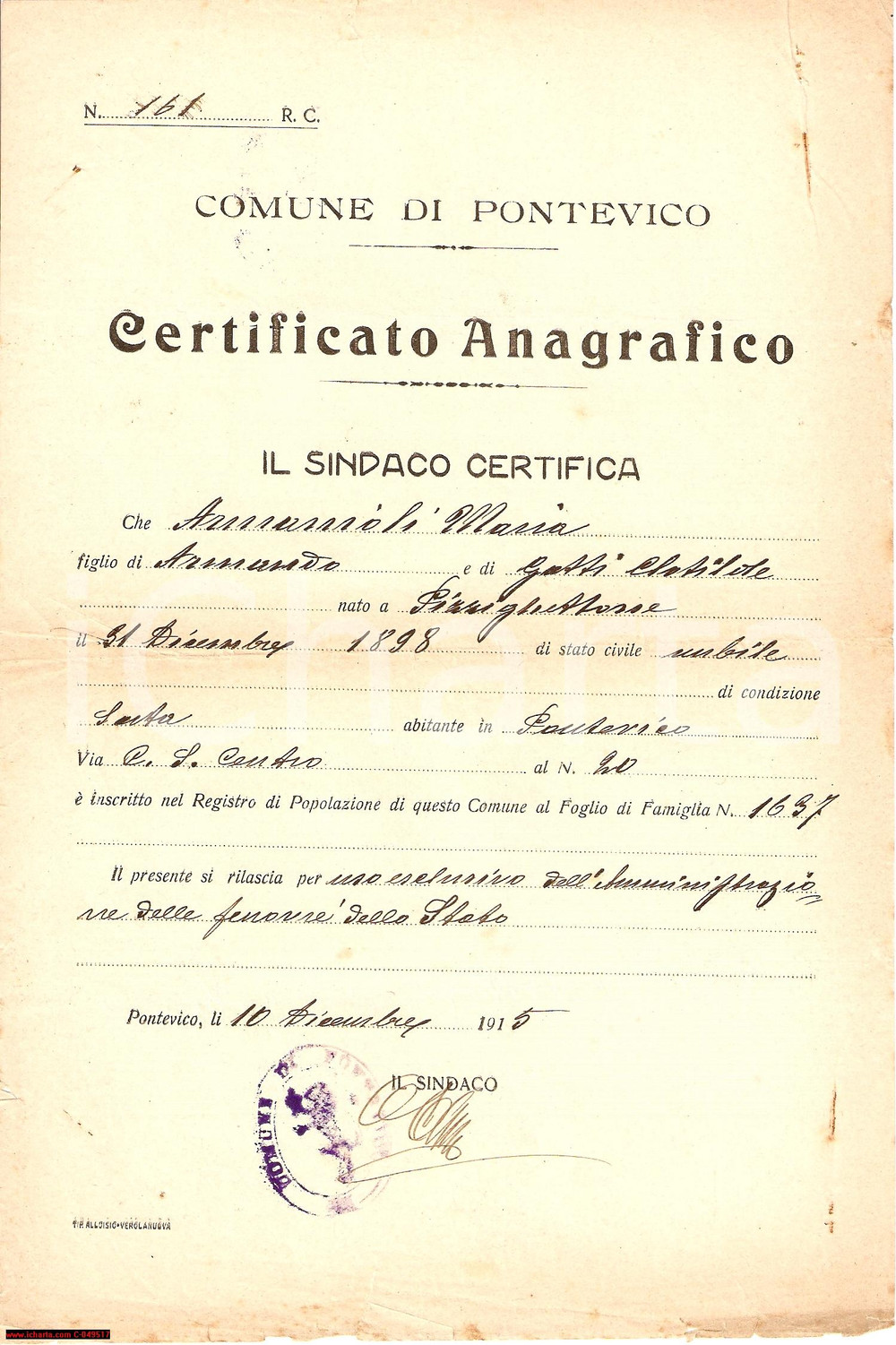 Documento originale, autentico 1915 PONTEVICO Maria ARMANIOLI Certif. per Ferrovie dello Stato 1