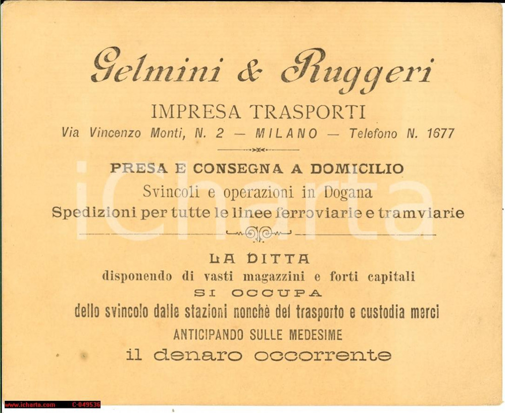 Documento originale, autentico 1900 ca MILANO Impresa trasporti GELMINI & RUGGERI 1