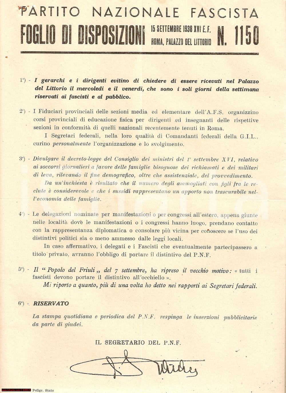 Documento originale, autentico 1938 ROMA PNF Aumentare sussidi a famiglie dei richiamati *Documento 1