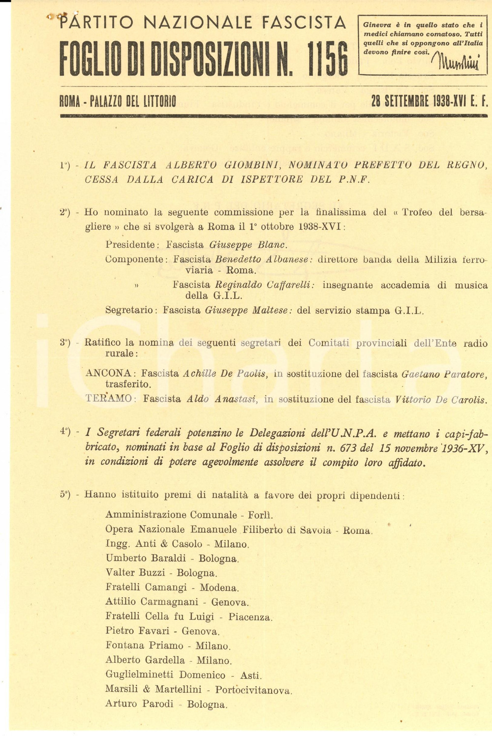 Documento originale, autentico 1938 PNF ROMA Commissione del TROFEO DEL BERSAGLIERE *Foglio disposizioni 1156 1