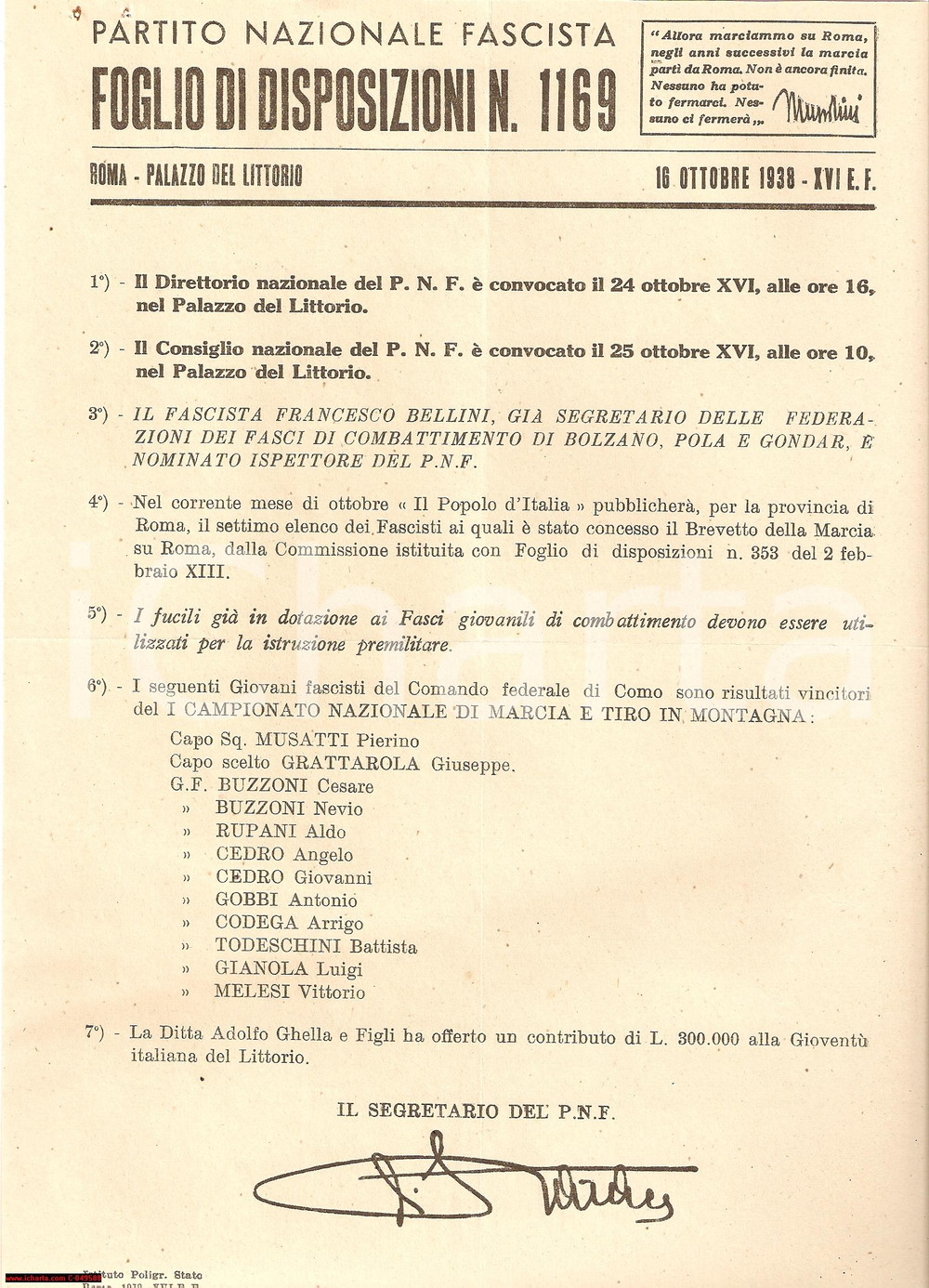 Documento originale, autentico 1938 PNF COMO Giovani fascisti al Campionato di marcia 1