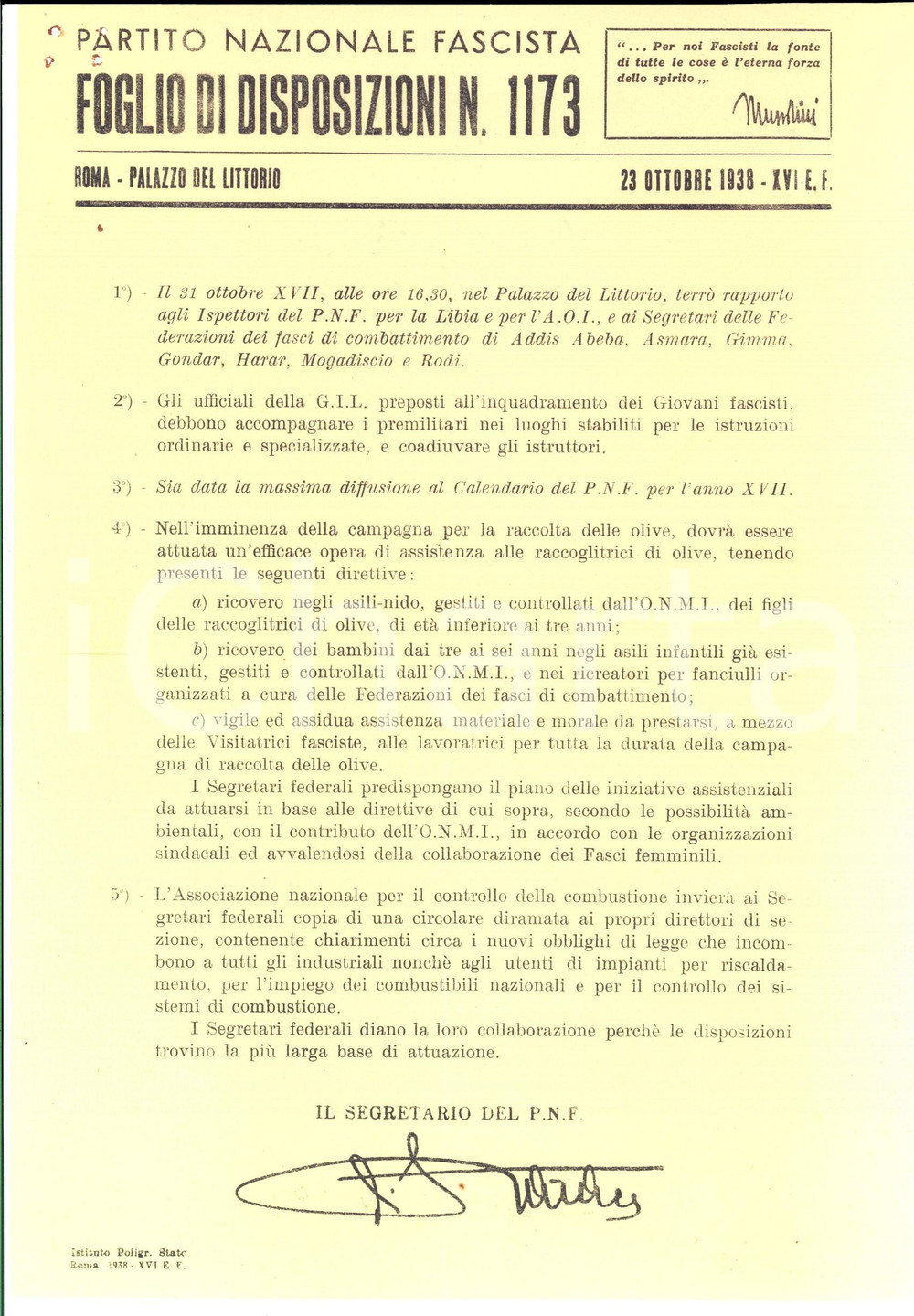 Documento originale, autentico 1938 PNF ROMA Assistenza alle raccoglitrici di olive *Foglio disposizioni 1173 1