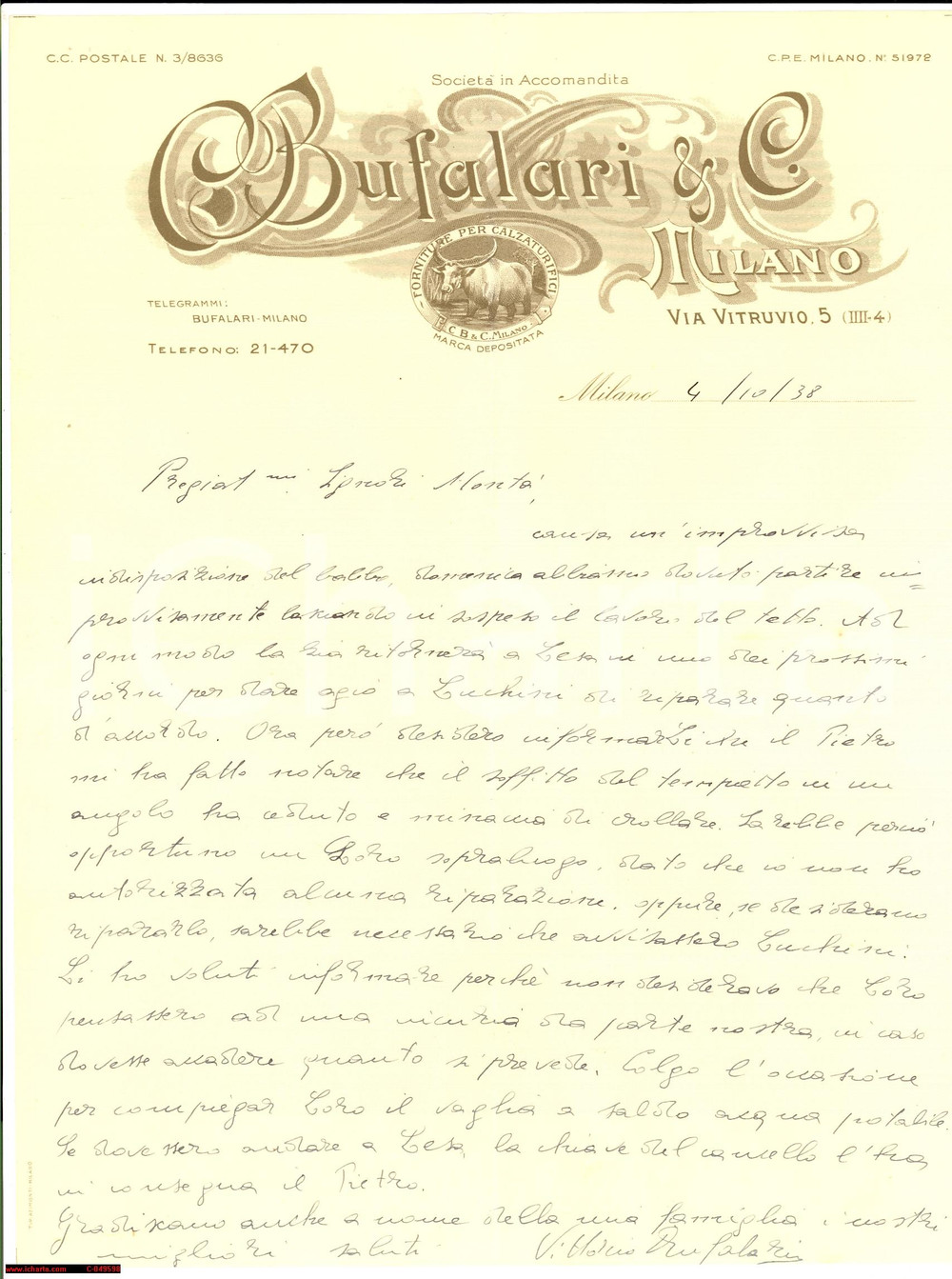 Manoscritto, lettera originale 1910 MILANO Via Vitruvio 5 Vittorio BUFALARI forniture calzaturifici 1