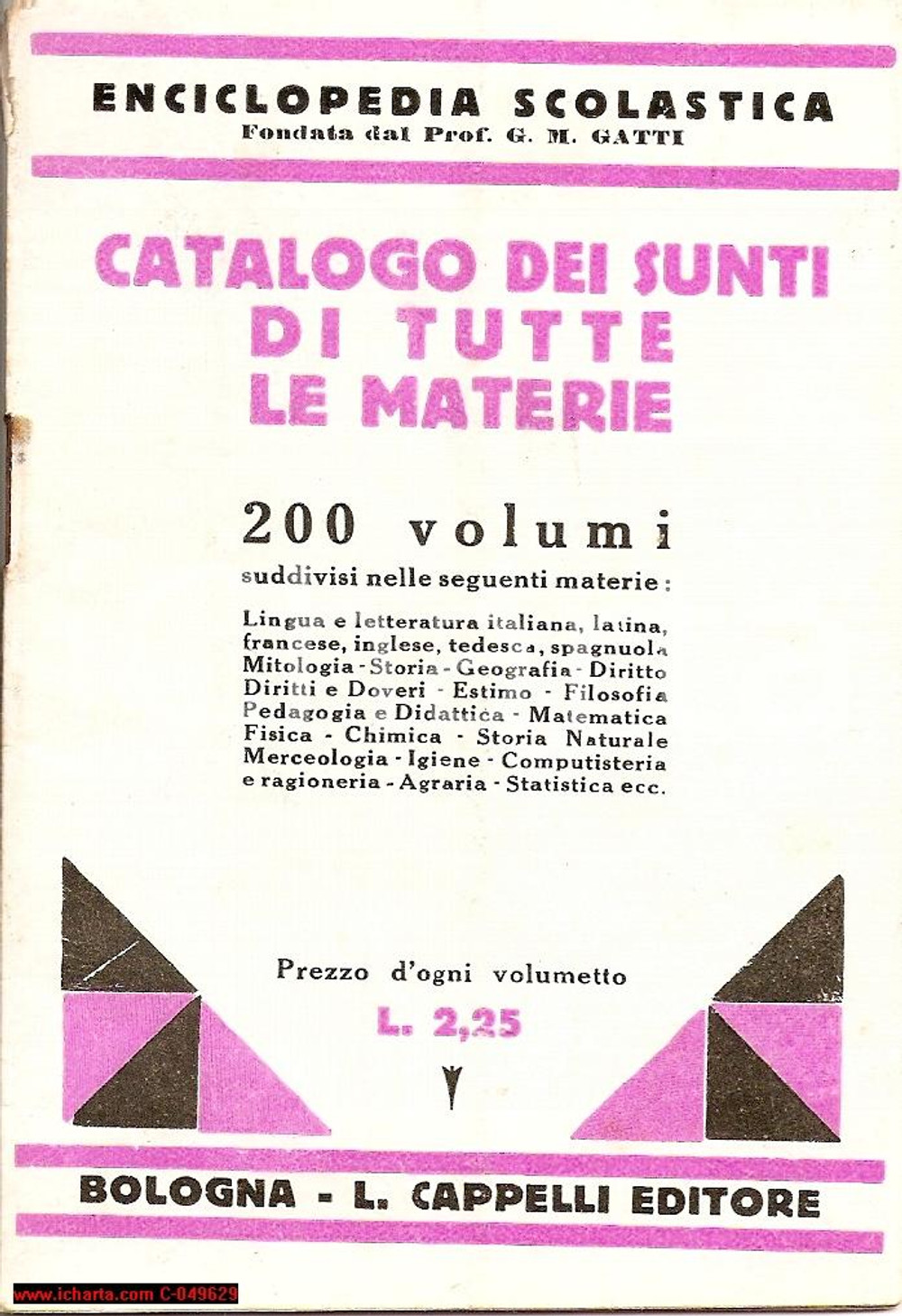 Oggetto da collezione cartaceo 1933 BOLOGNA Catalogo enciclopedia scolastica CAPPELLI 1