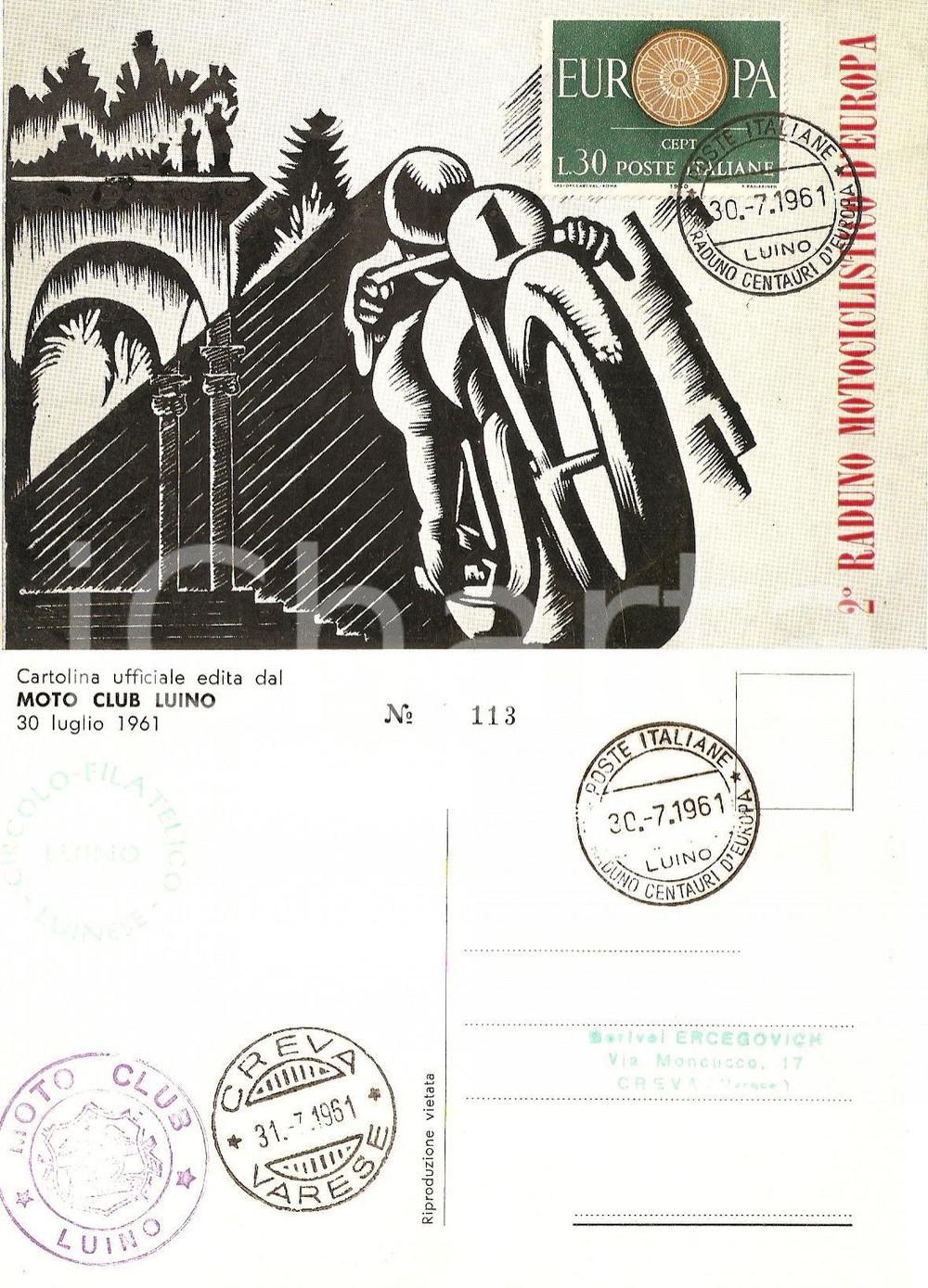 Cartolina originale da collezione 1961 LUINO VA Secondo raduno motociclistico d EUROPA 1