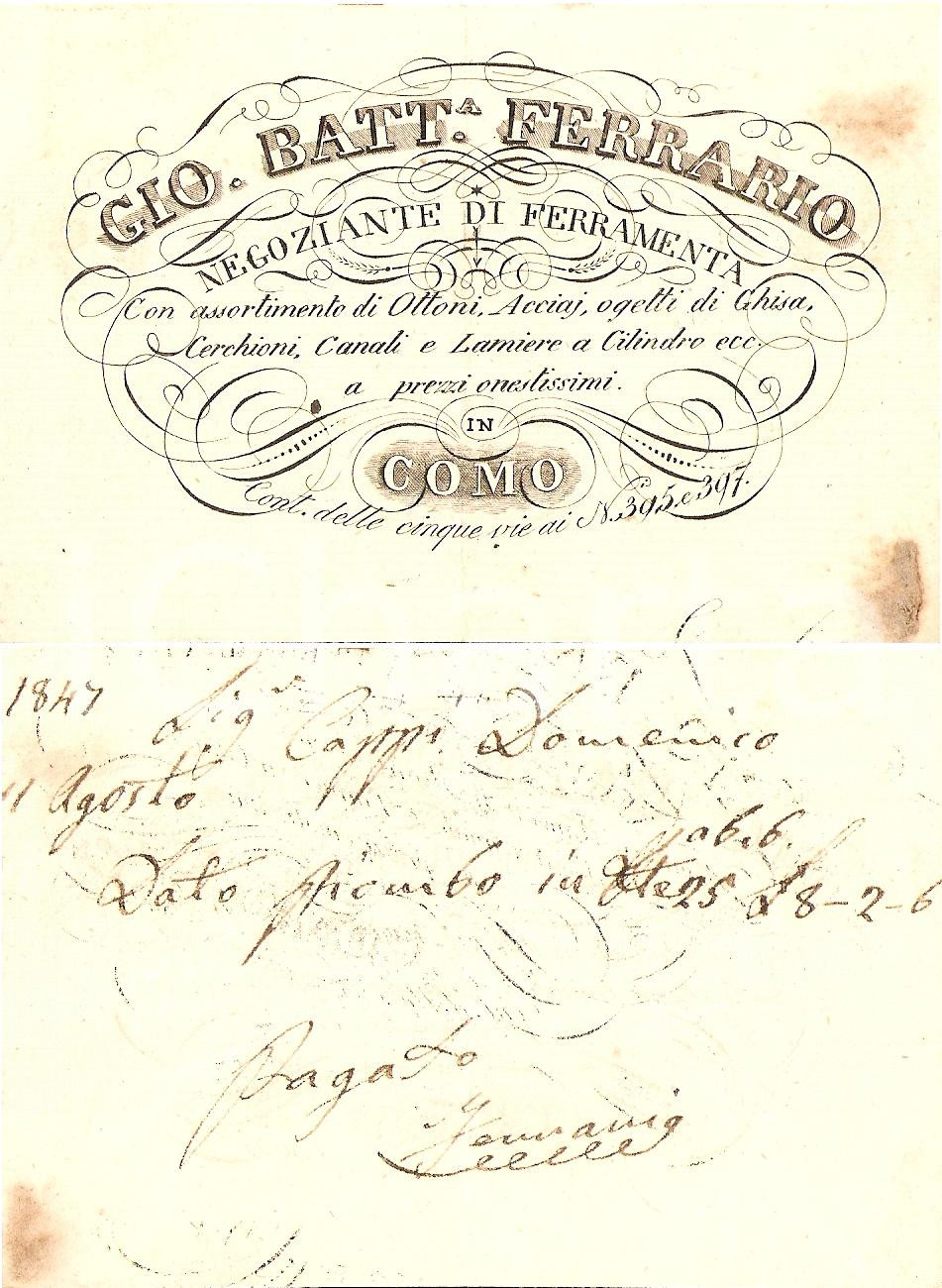 Oggetto da collezione cartaceo 1847 COMO Biglietto Giovanni FERRARIO a Domenico CAPPI 1