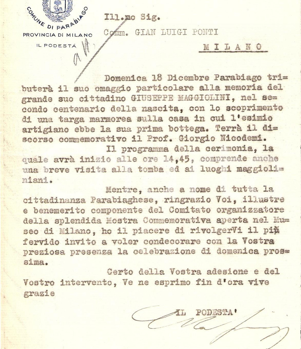 Documento originale, autentico 1938 PARABIAGO MI Centenario Giuseppe MAGGIOLINI 1
