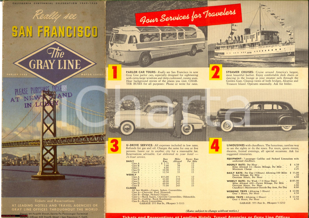 Materiale pubblicitario d’epoca 1930 ca SAN FRANCISCO USA Guided tours THE GRAY LINE 1