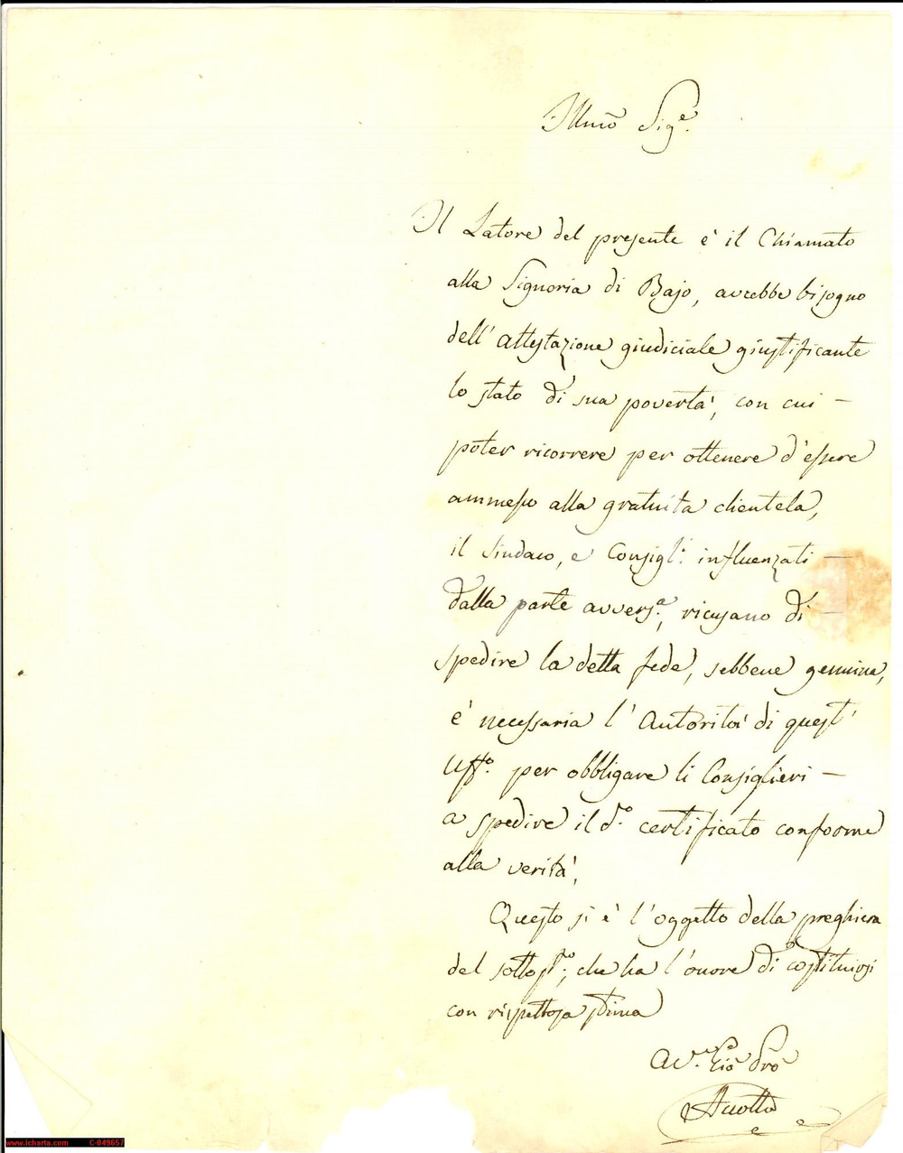 Documento originale, autentico 1850 (?) Baio (TO)  Avotto litiga con i Consiglieri 1