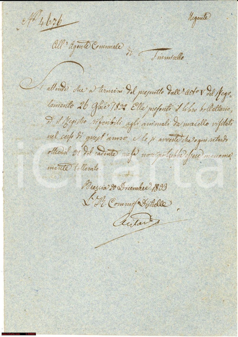 Documento originale, autentico 1833 FIUMICELLO BS Animali da macello visitati nel 1833 1