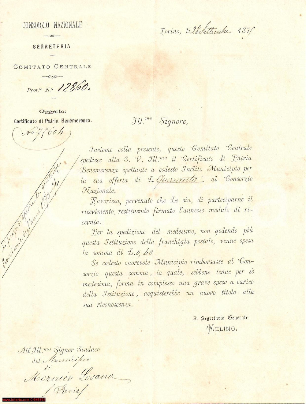 Documento originale, autentico 1875 MORNICO LOSANA (PV) Certificato Patria BENEMERENZA 1