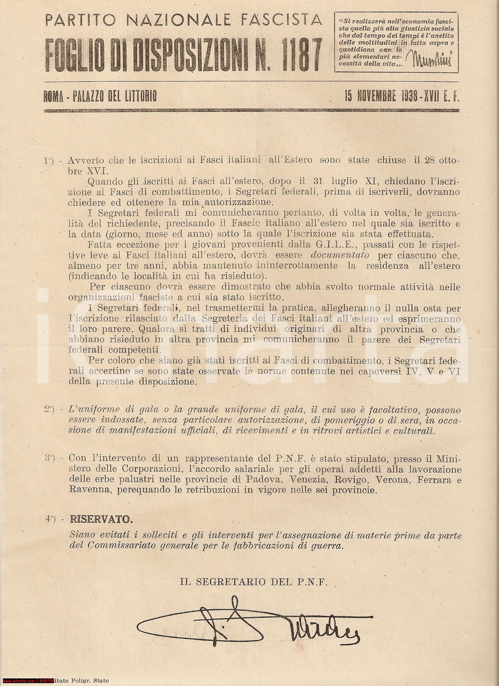 Documento originale, autentico 1938 PNF ROMA Iscrizioni Fasci Esteri Uniforme di gala 1