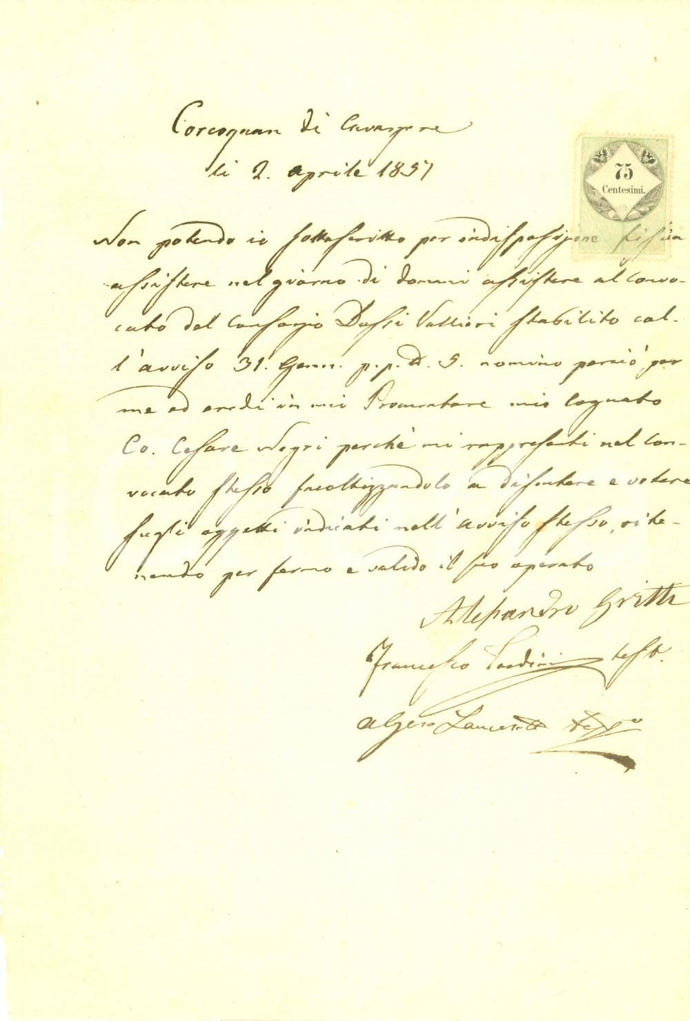 Documento originale, autentico 1857 CAVARZERE (VE) Alessandro GRITTI Consorzio DOSSI VALLIERI Cesare NEGRI 1