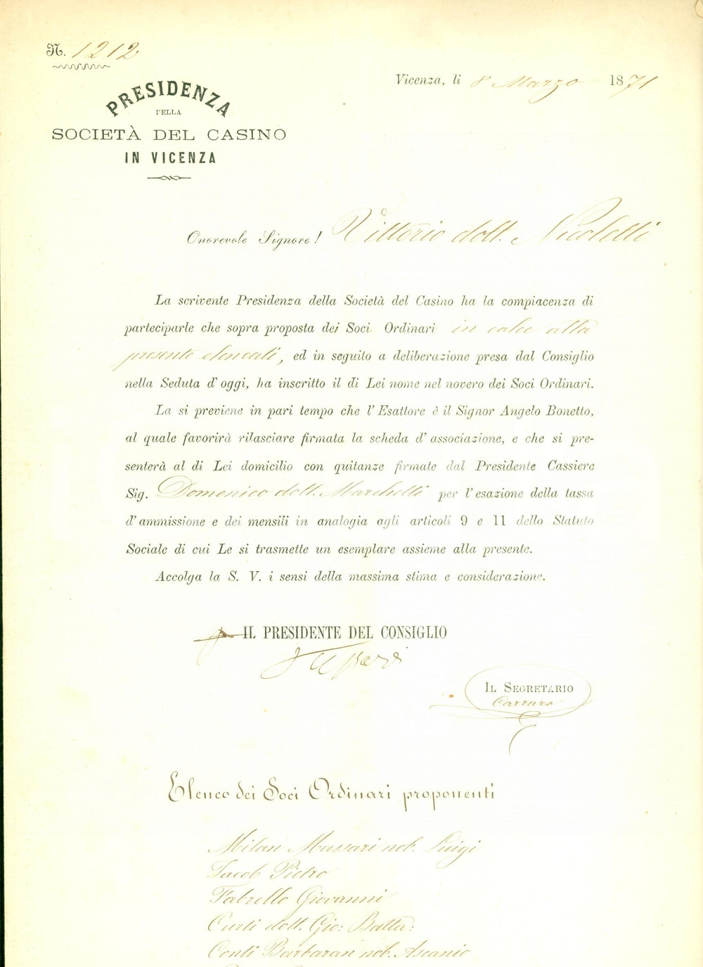 Documento originale, autentico 1871 VICENZA Vittorio NICOLETTI nuovo membro SOCIETA  DEL CASINO Documento 1