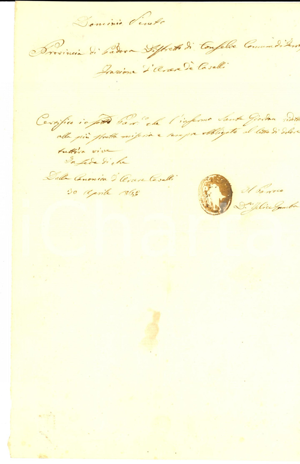 Documento originale, autentico 1863 ARZERCAVALLI PD Sante GIORDAN in miseria e in un letto di dolore 1