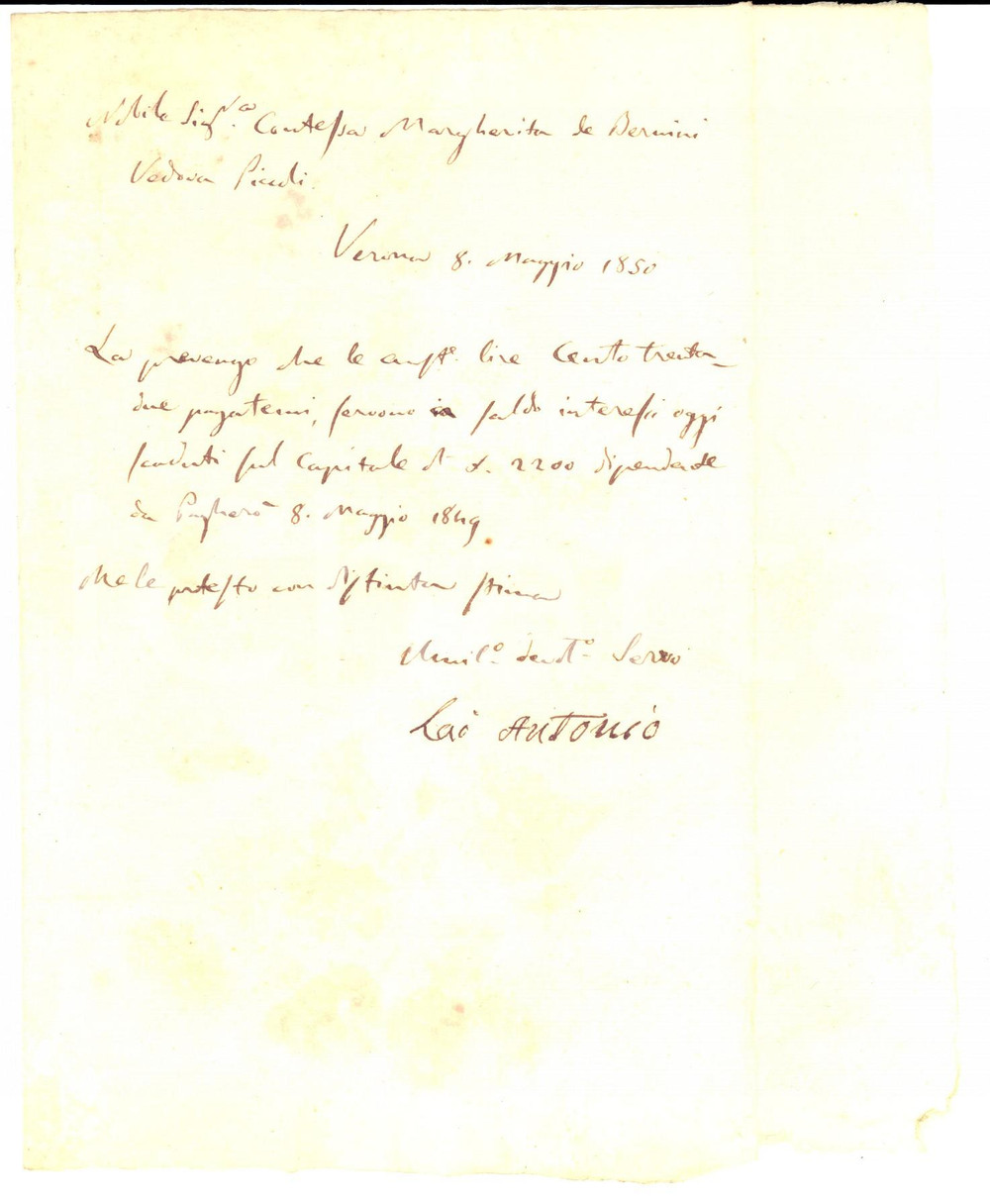 Documento originale, autentico 1850 VERONA Ricevuta Antonio LAO a contessa Margherita BERNINI vedova PICCOLI 1