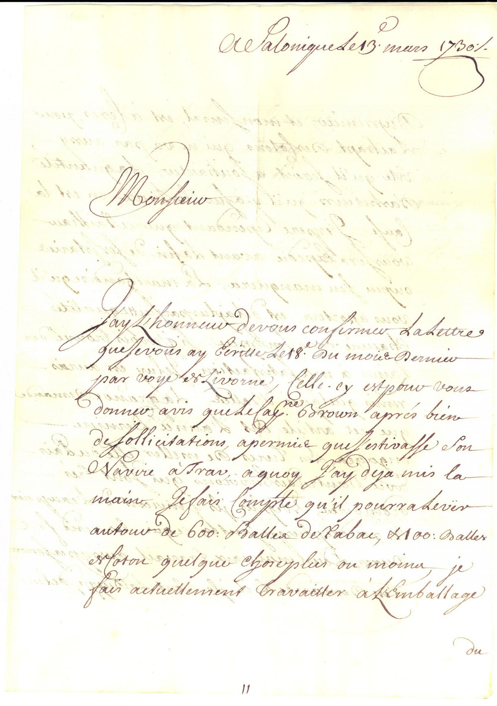 Documento originale, autentico 1730 SALONICCO GRECIA Spedizione per nave di balle di tabacco Charles DEZON 1