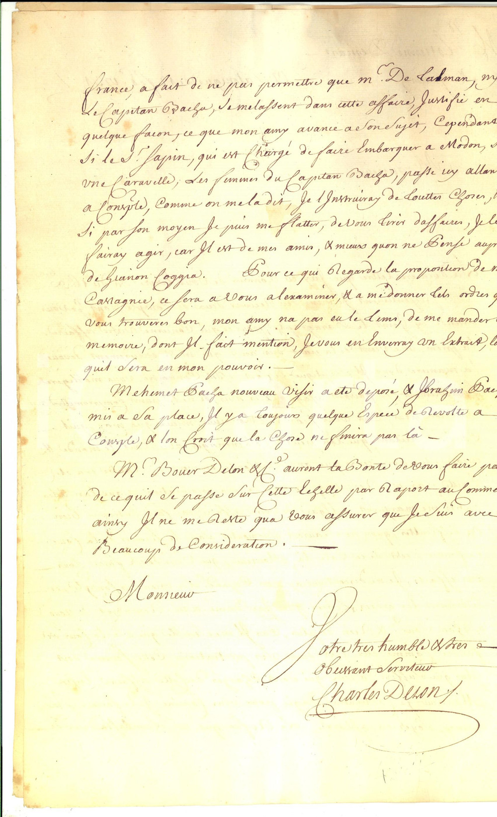 Documento originale, autentico 1731 SALONICCO Rivolte dopo la deposizione di Mehemet PACHA Charles DEZON 1