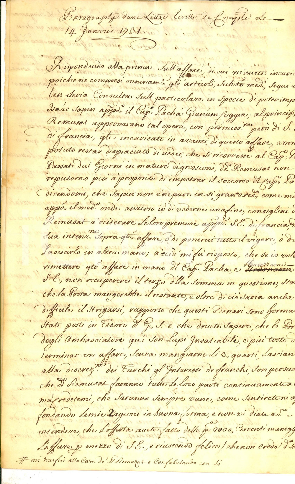 Documento originale, autentico 1731 COSTANTINOPOLI Gli ambasciatori qui son lupi insaziabili Manoscritto RARO 1