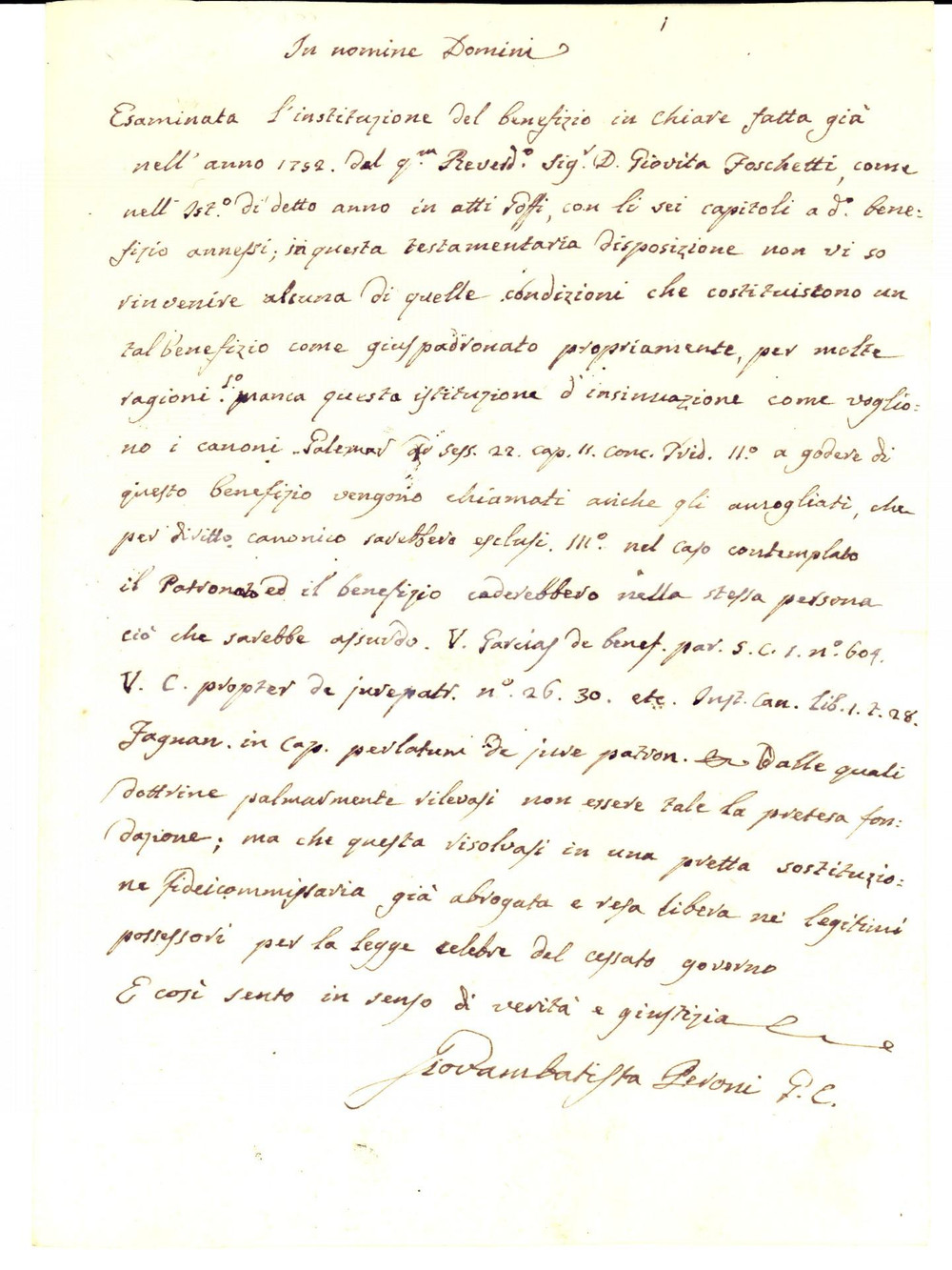 Documento originale, autentico 1790 ca BRESCIA Giovambattista PERONI nega condizioni per un giuspatronato 1