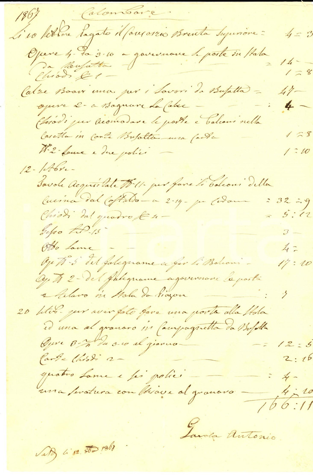Documento originale, autentico 1867 PADOVA Conto dell'agente Antonio GAROLA nella tenuta di una proprietÃ  1