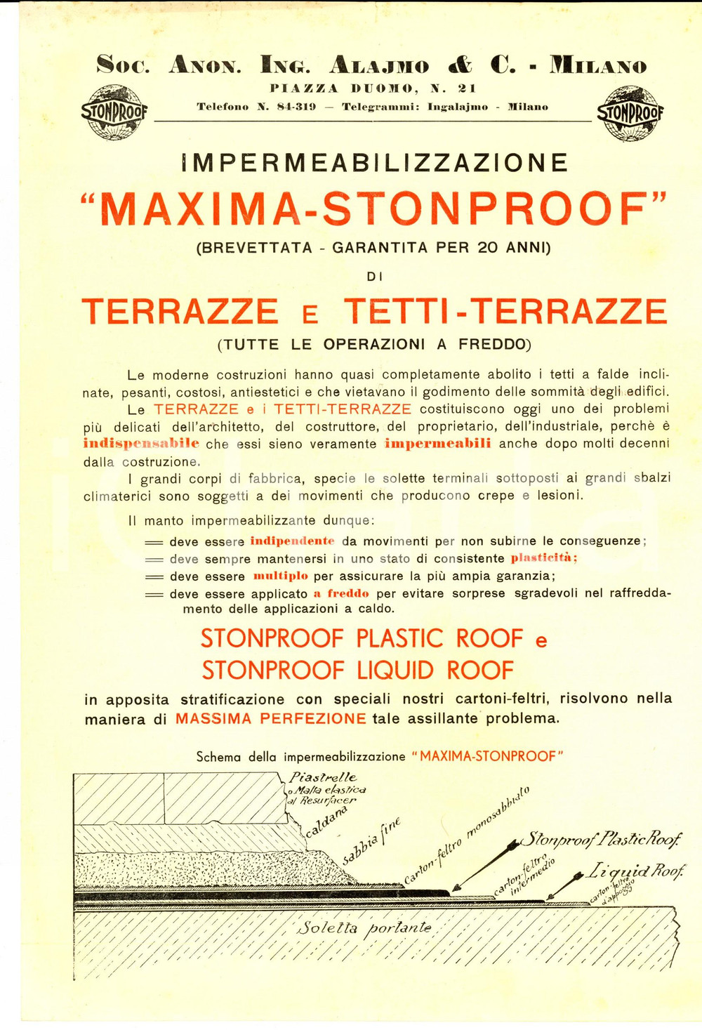 Materiale pubblicitario d’epoca 1930 ca MILANO Soc. ing. ALAJMO  Impermeabilizzazione MAXIMASTONPROOF tetti 1
