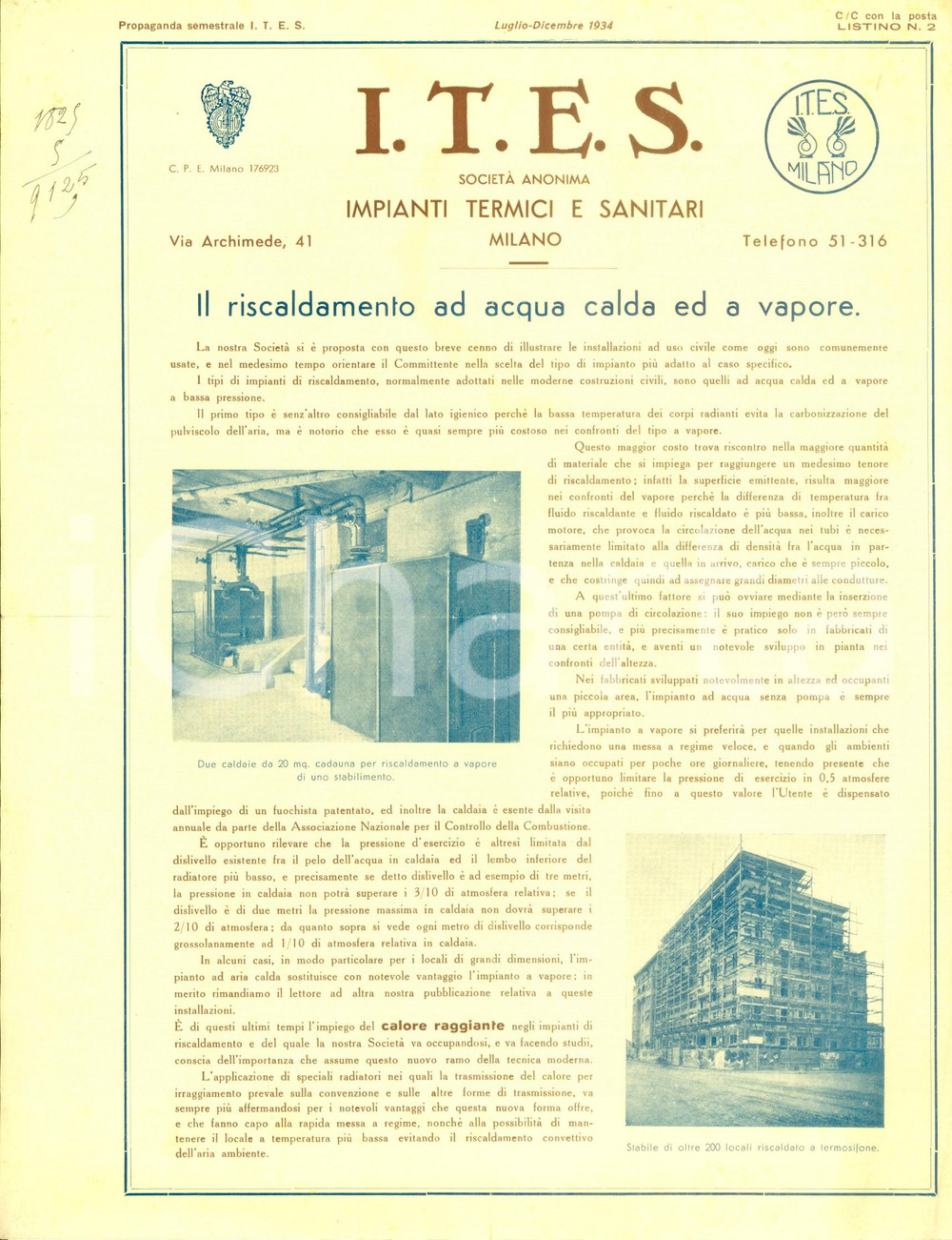 Materiale pubblicitario d’epoca 1934 MILANO Società I.T.E.S. Impianti termici e sanitari Listino ILLUSTRATO 1