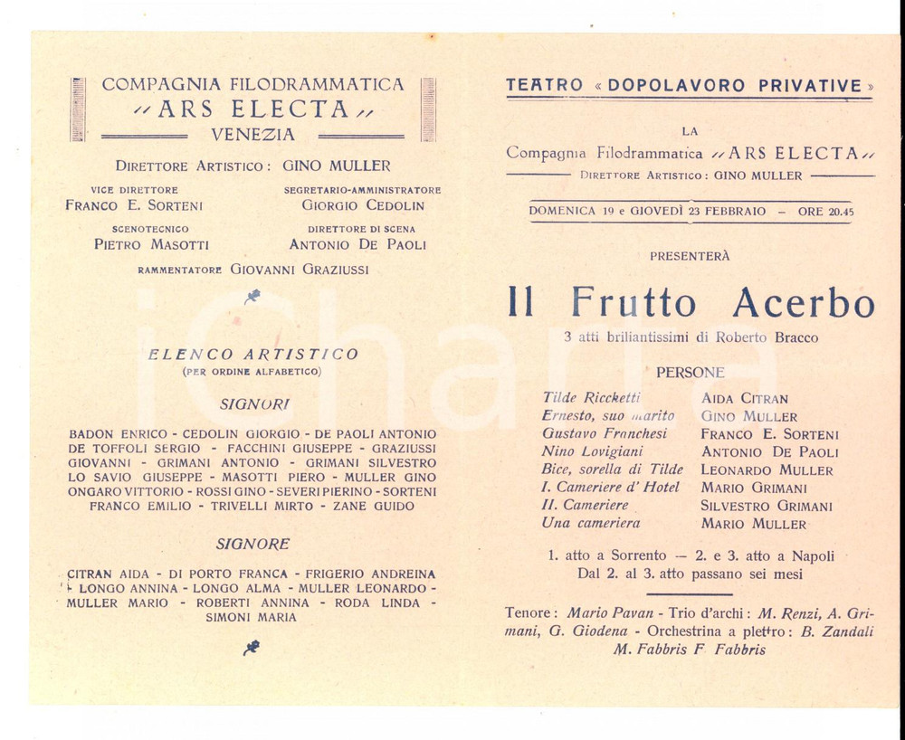 Materiale pubblicitario d’epoca 1927 VENEZIA Compagnia ARS ELECTA  Il frutto acerbo Gino MULLER 1