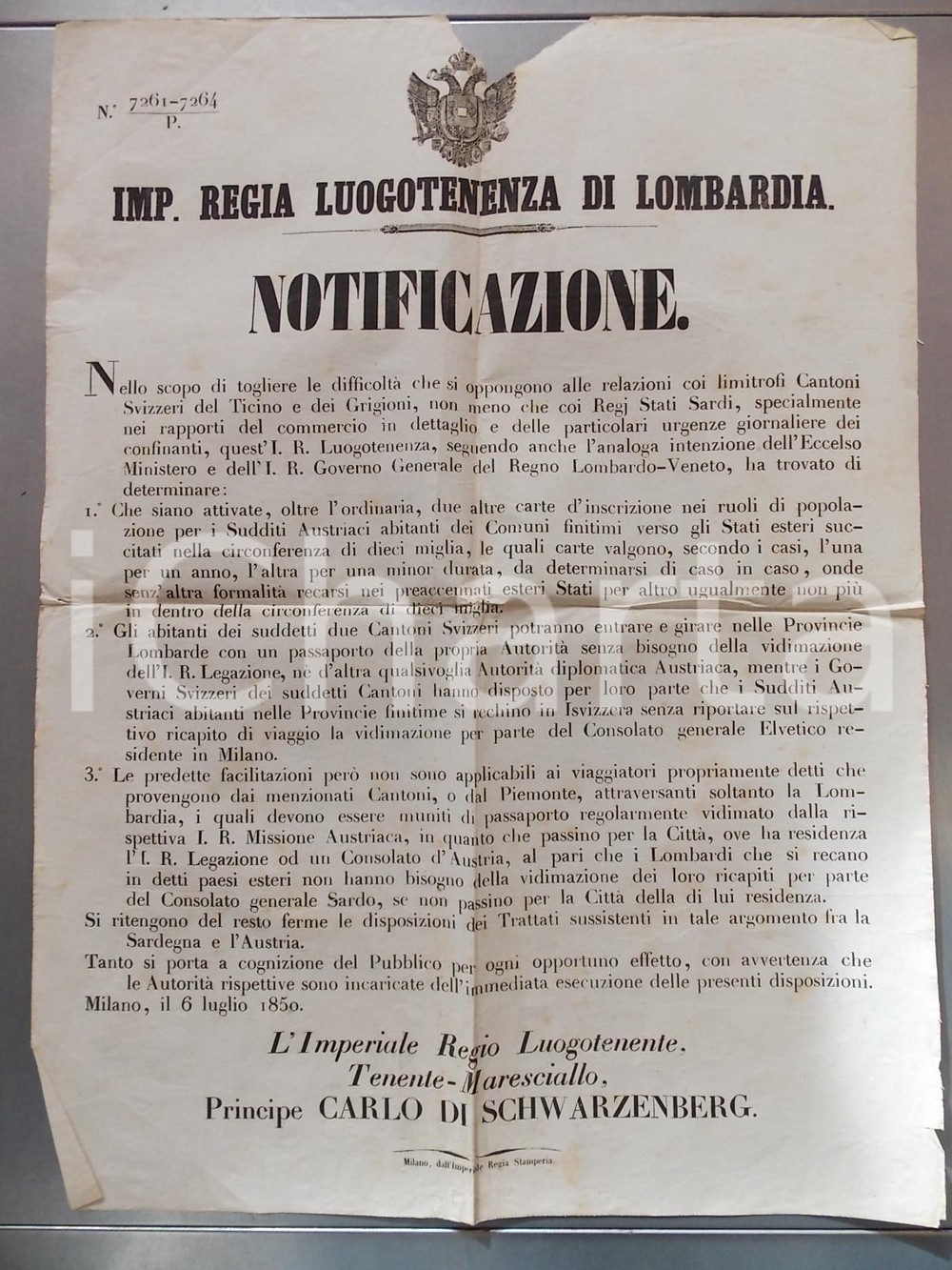 Documento originale, autentico 1850 REGNO LOMBARDO-VENETO Facilitazioni commercio con Cantoni TICINO e GRIGIONI 1